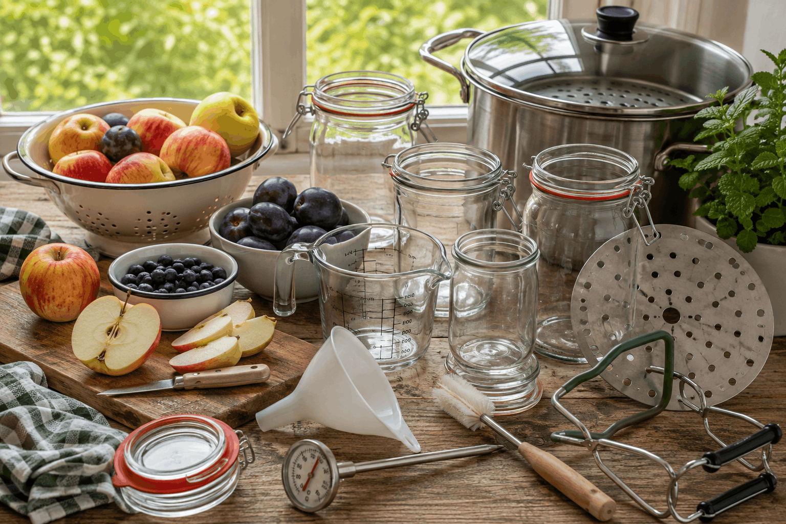 Obst einkochen — Einkochgläser, frisches Obst und Küchenutensilien vorbereitet