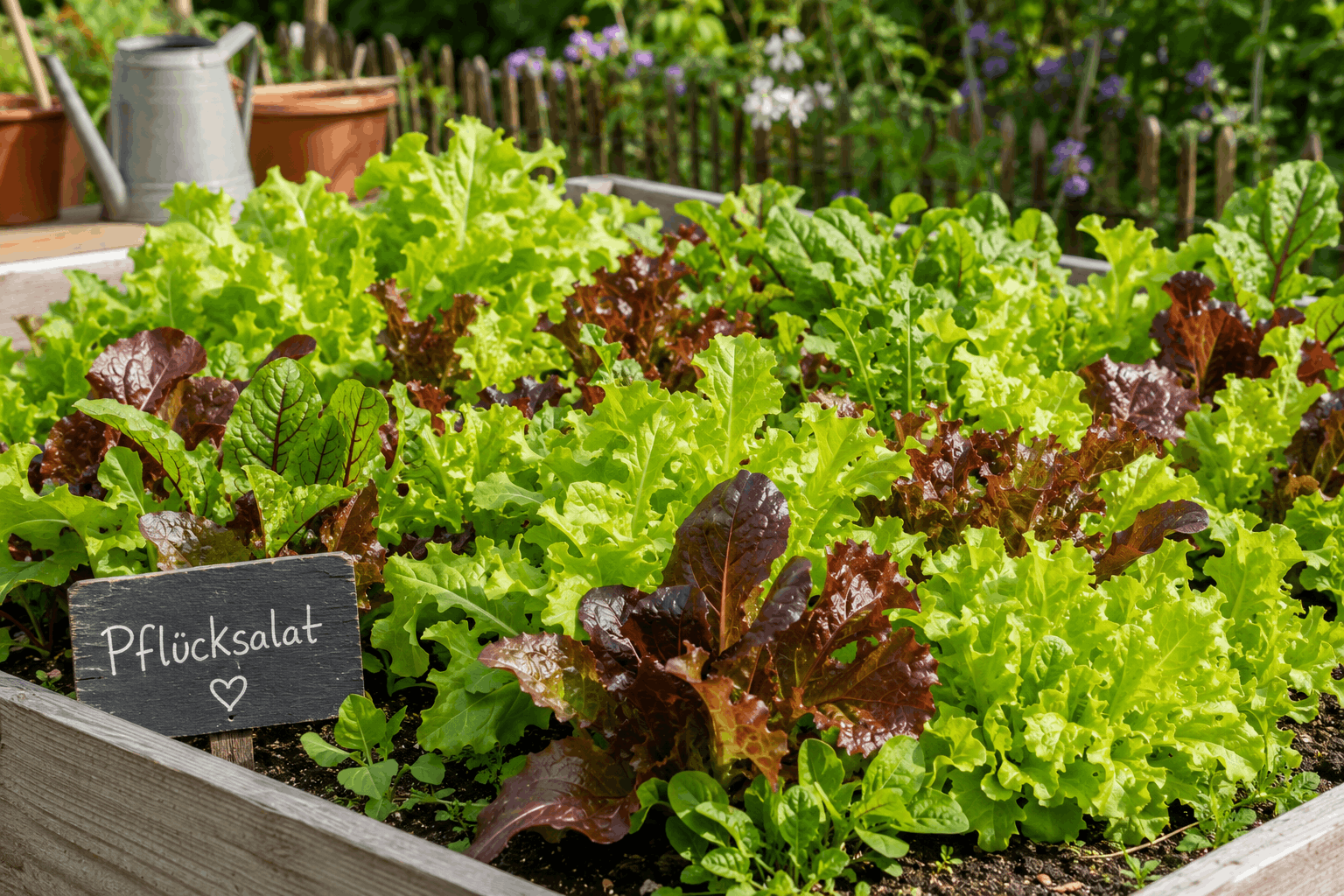 Pflücksalat anbauen — kräftiger grüner Pflücksalat im Gemüsebeet