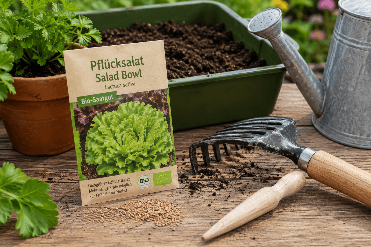 Pflücksalat anbauen — Saatgut, kleine Harke und vorbereitete Erde