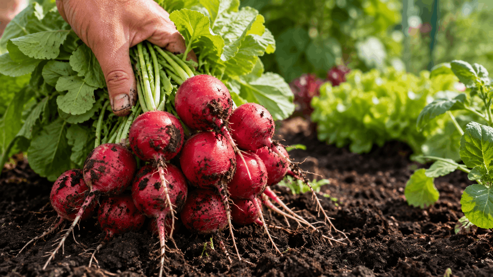 Radieschen pflanzen und ein frisches Bund roter Radieschen aus dem eigenen Garten ernten