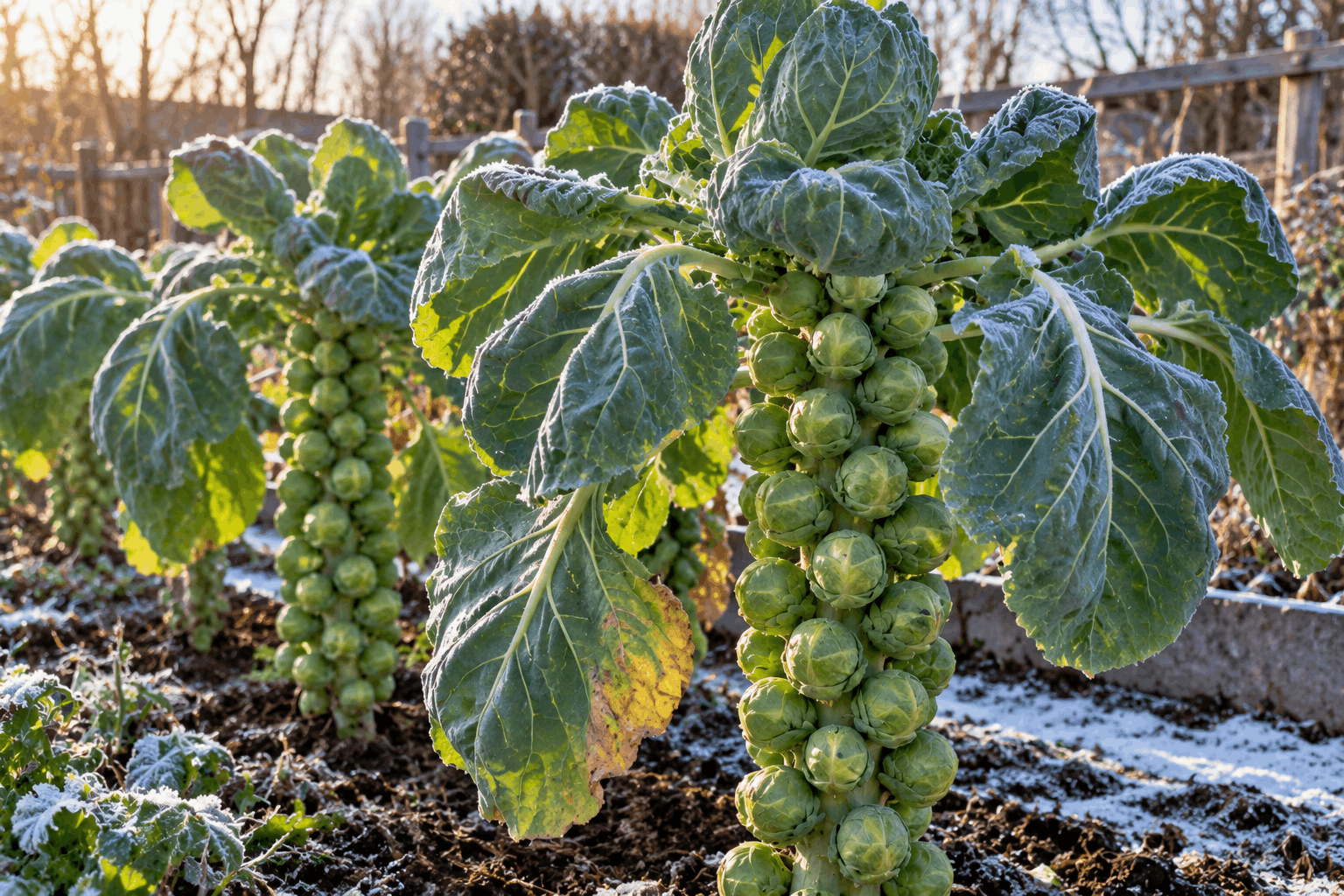 Rosenkohl anbauen – kräftige Rosenkohlpflanzen mit grünen Röschen im winterlichen Gemüsebeet