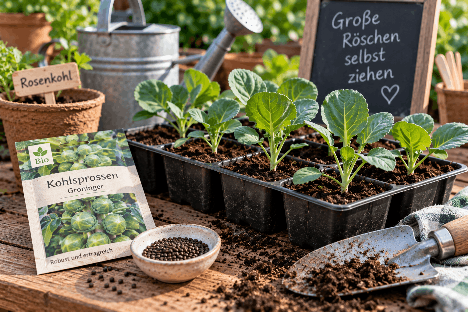 Rosenkohl anbauen – junge vorgezogene Rosenkohlpflanzen vor dem Einpflanzen ins Gemüsebeet