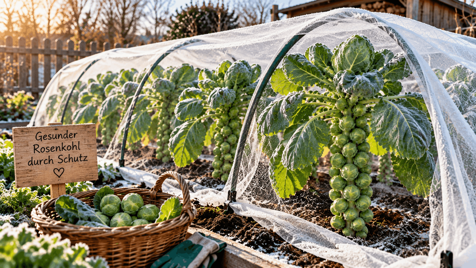 Rosenkohl anbauen – Rosenkohlpflanzen im Gemüsebeet unter einem feinmaschigen Insektennetz