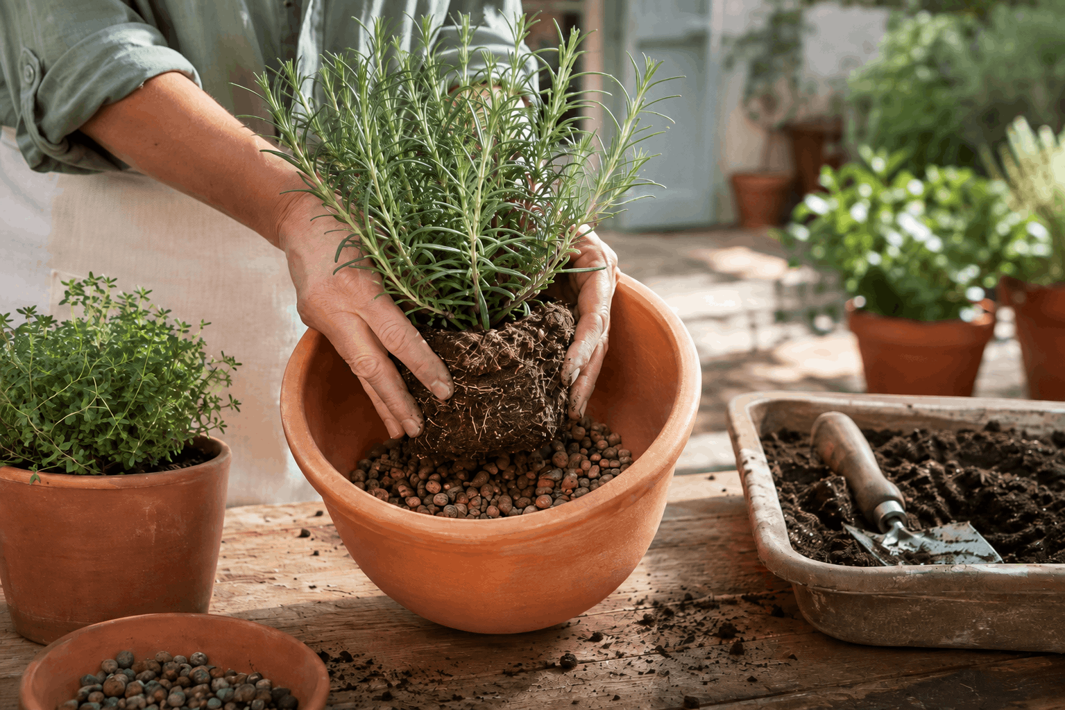 Rosmarin pflanzen im Topf mit Abzugsloch und mineralischer Drainage
