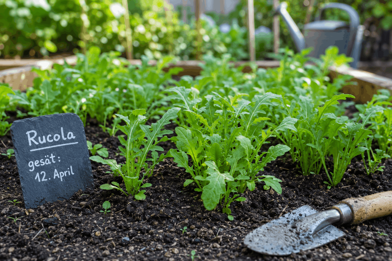 Rucola pflanzen — kräftiger erntereifer Rucola im Gemüsebeet