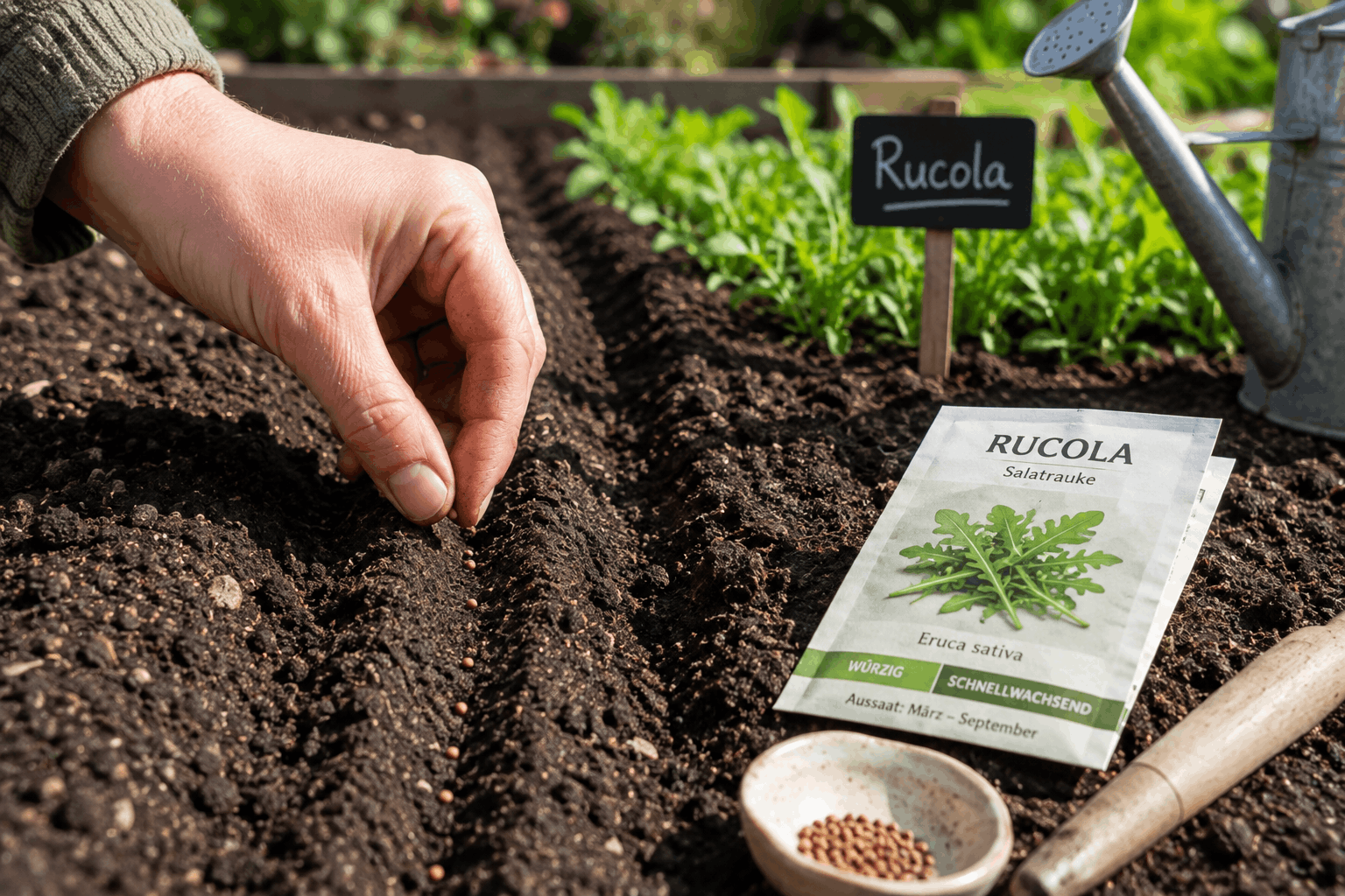 Rucola pflanzen — Saatgut und vorbereitete Saatreihe im Beet