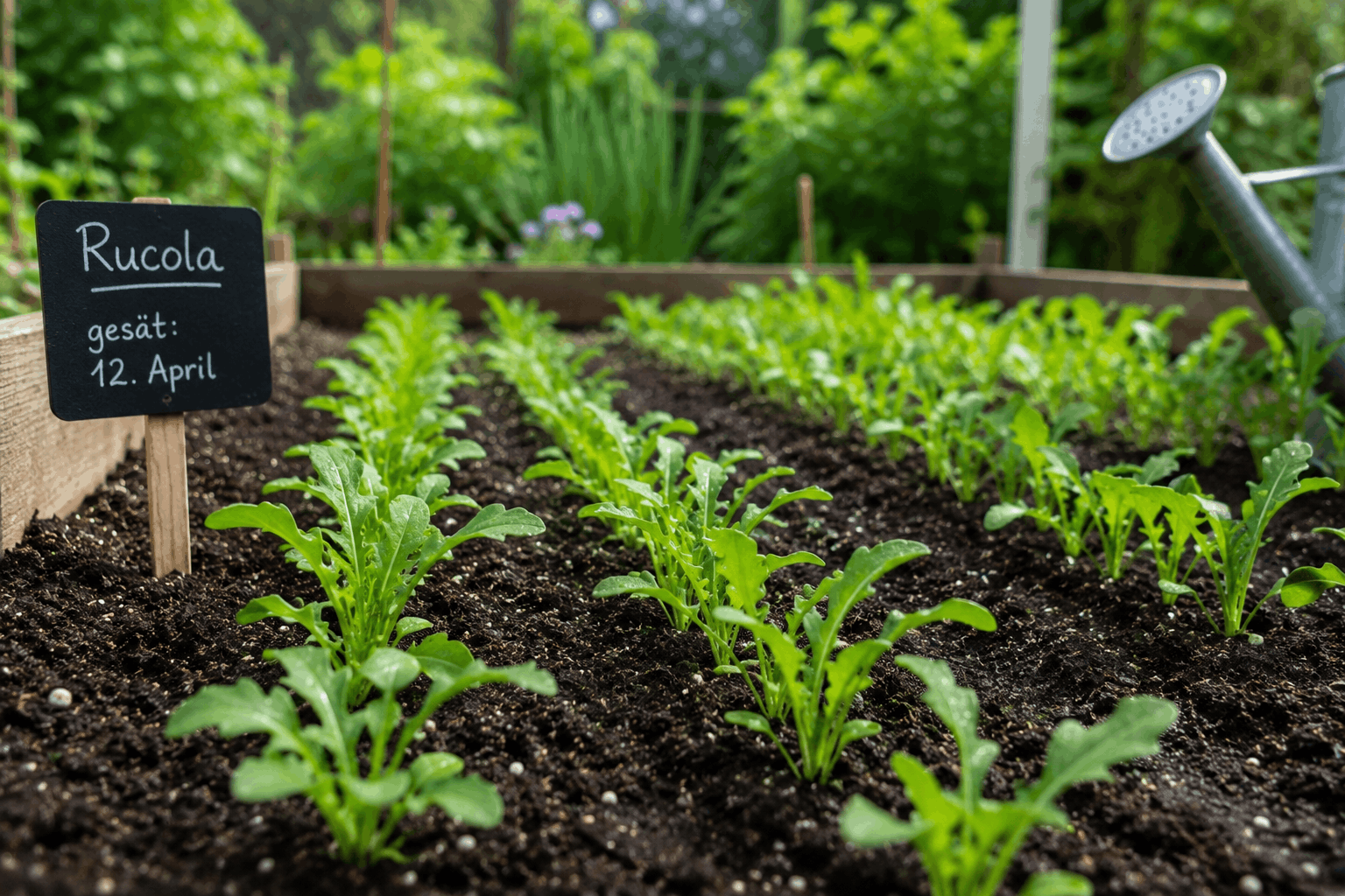 Rucola pflanzen — junge Rucolapflanzen in einer gleichmäßig feuchten Saatreihe