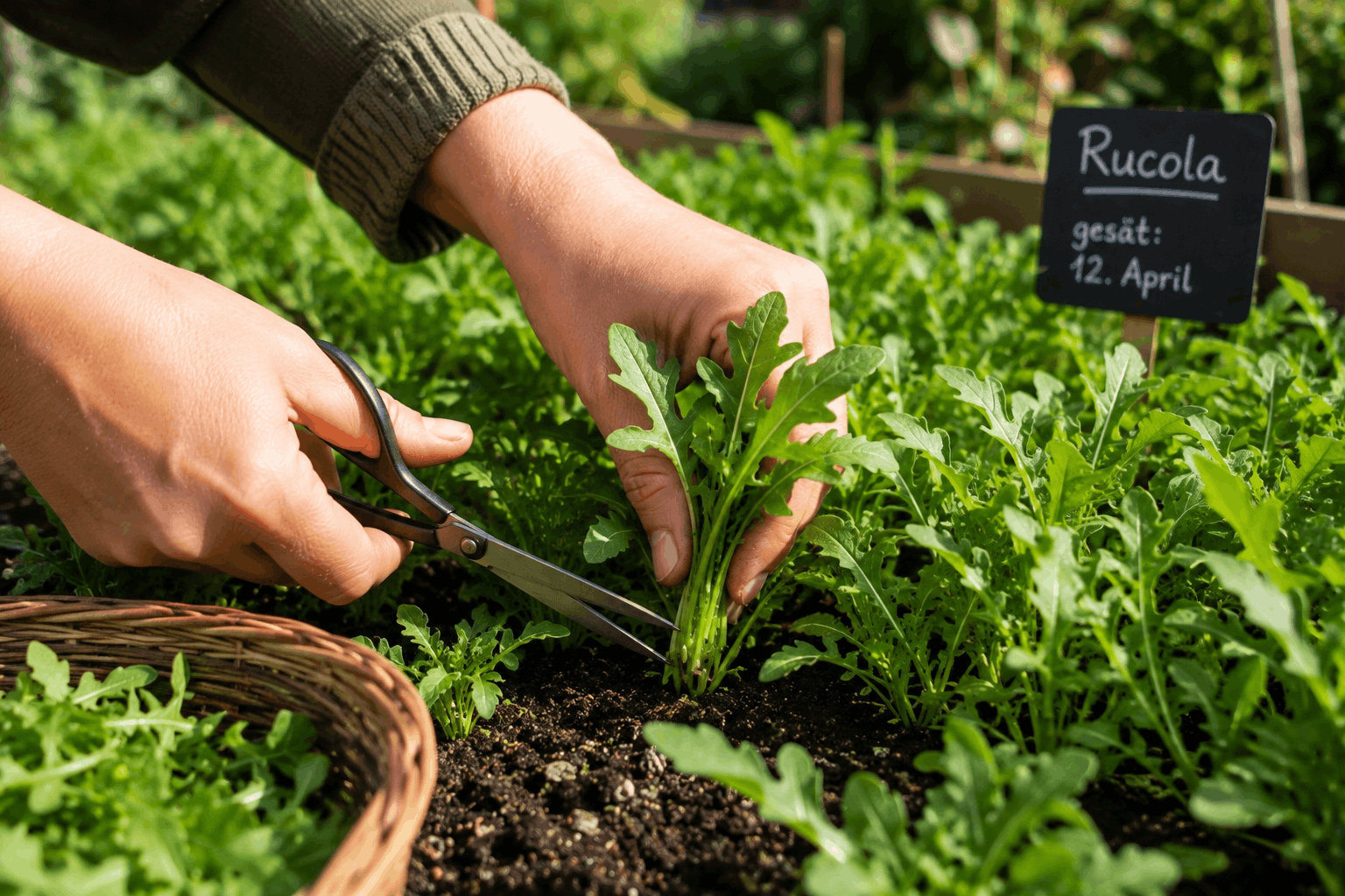 Rucola pflanzen — erntereife Blätter werden mit einer kleinen Schere geschnitten