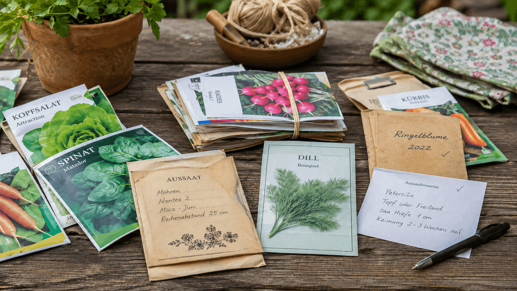 Saatgut aufbewahren – alte und neue Samentütchen auf einem Gartentisch prüfen und beschriften