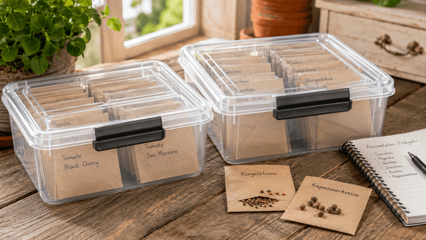 Saatgut aufbewahren – beschriftete Papiertütchen in geschlossenen Aufbewahrungsboxen