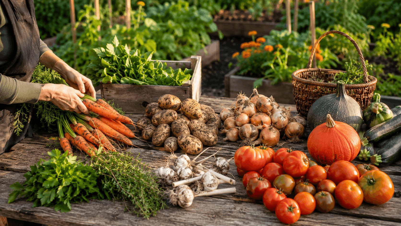 Selbstversorger Garten — Gemüse aus dem Gemüsegarten vor dem Lagern sortieren
