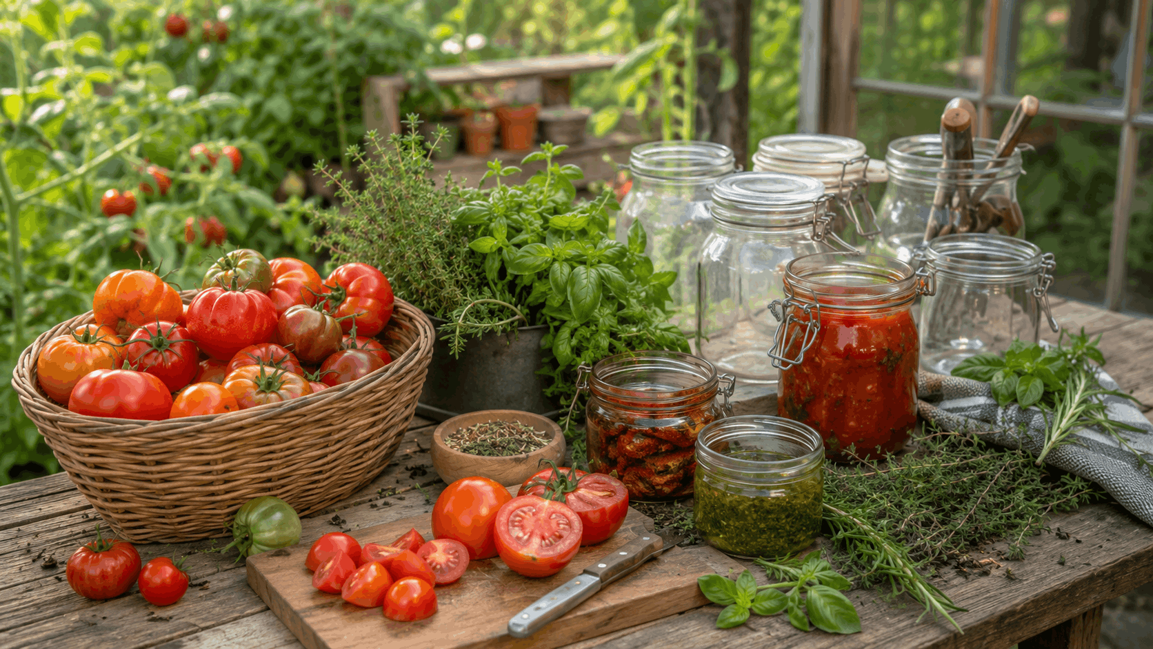 Selbstversorger Garten — Lebensmittel haltbar machen mit Tomaten Kräutern und Vorratsgläsern