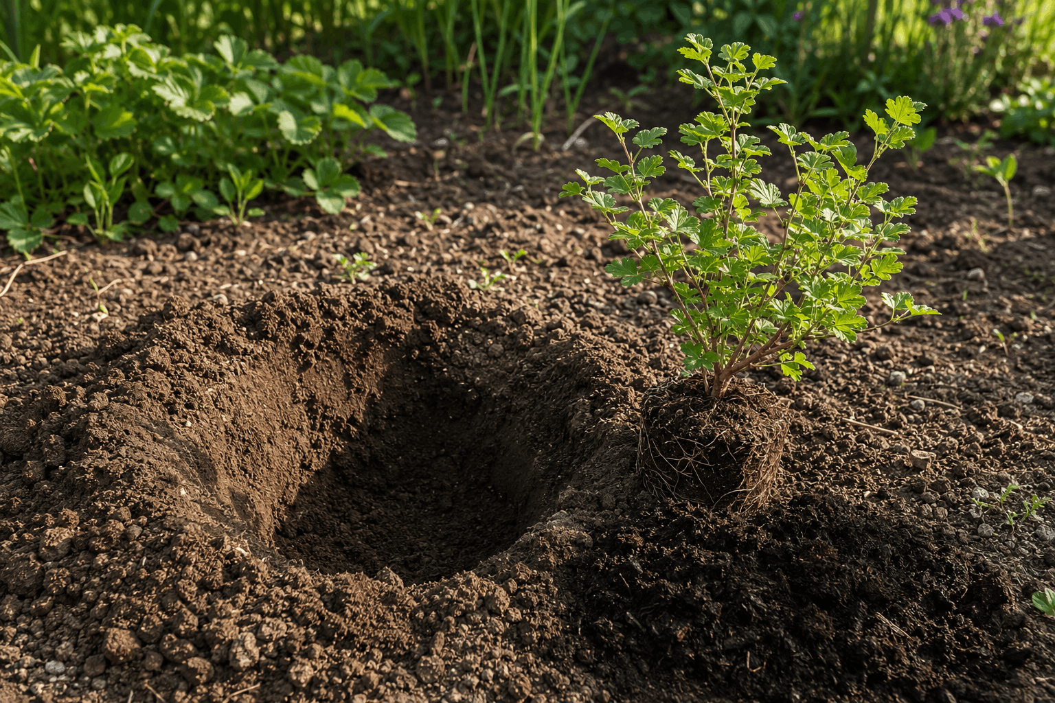 Stachelbeeren pflanzen — vorbereitetes Pflanzloch mit gelockerter Erde und Kompost