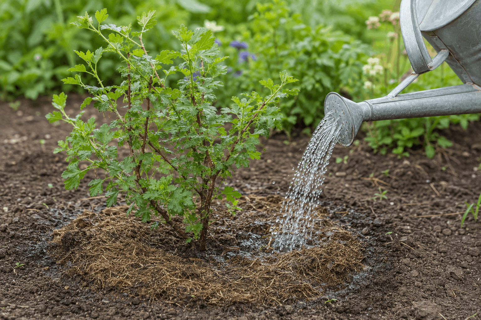 Stachelbeeren pflanzen — gemulchter Wurzelbereich eines frisch gegossenen Stachelbeerstrauchs