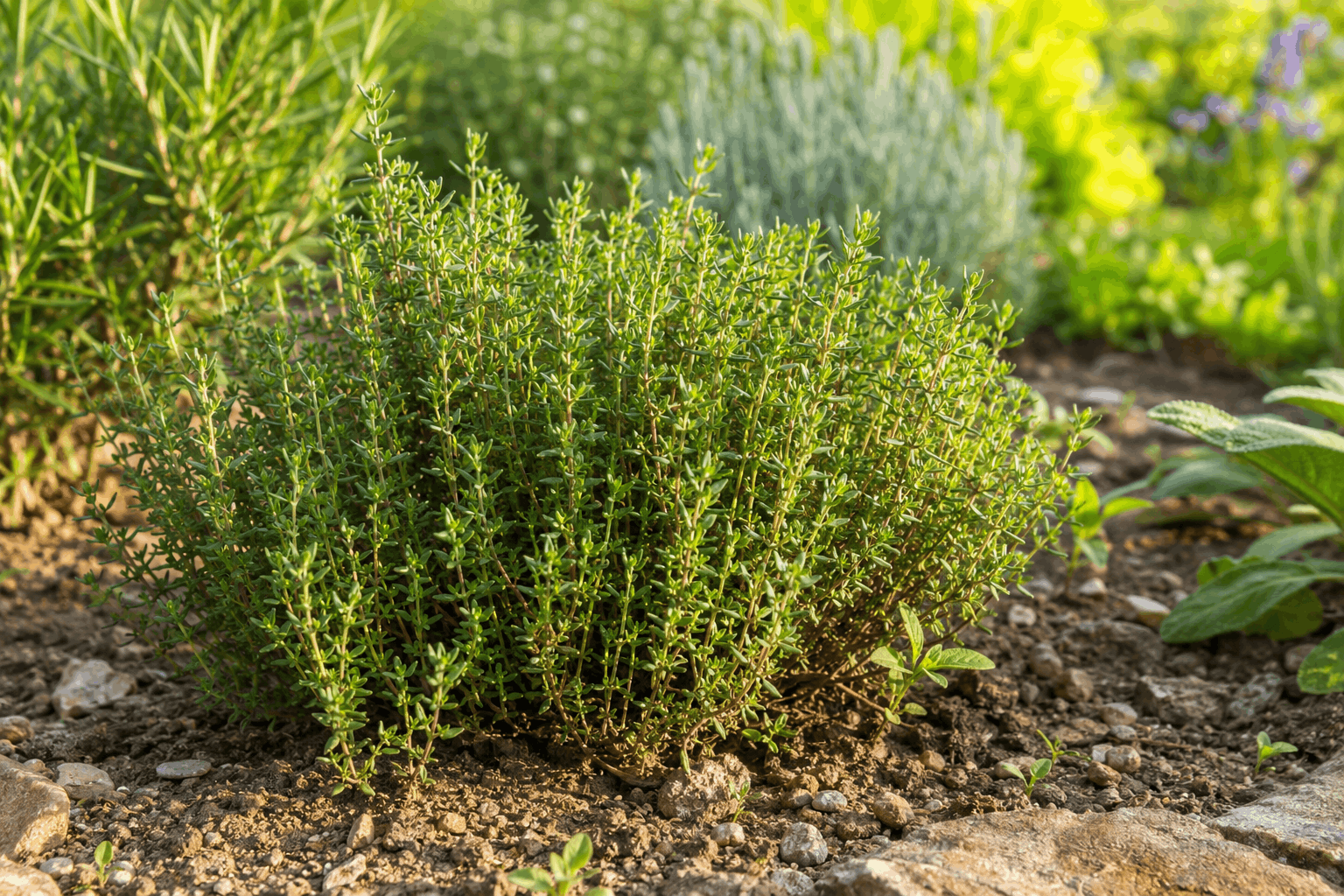Thymian pflanzen an einem sonnigen Platz im Kräutergarten