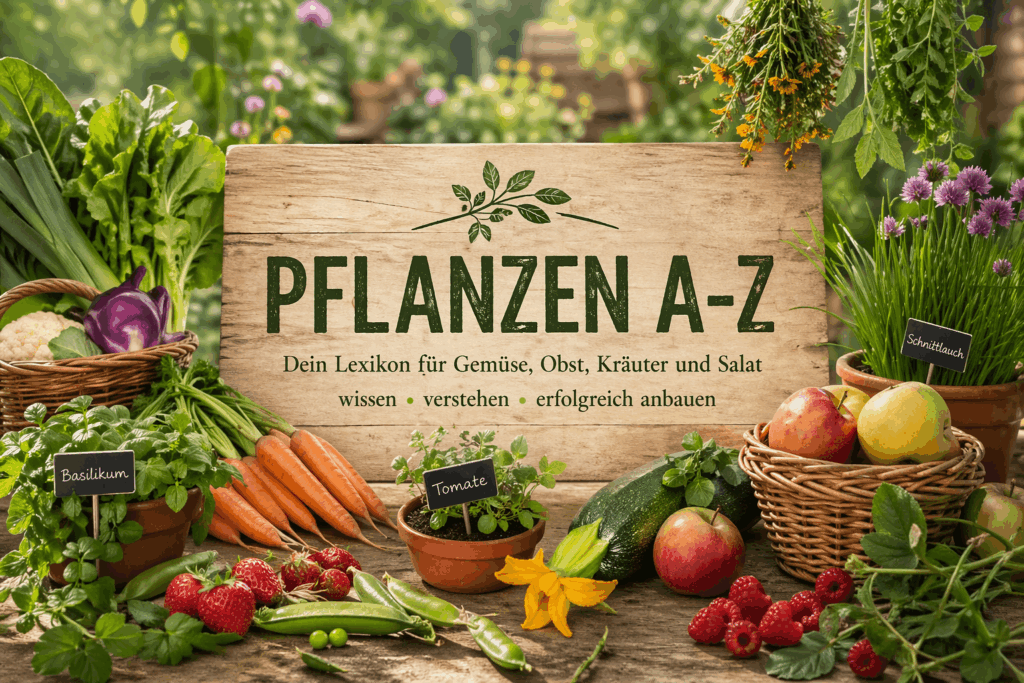 Pflanzen A-Z Übersicht mit Gemüse, Obst, Kräutern und Salat im natürlichen Garten für Selbstversorgung