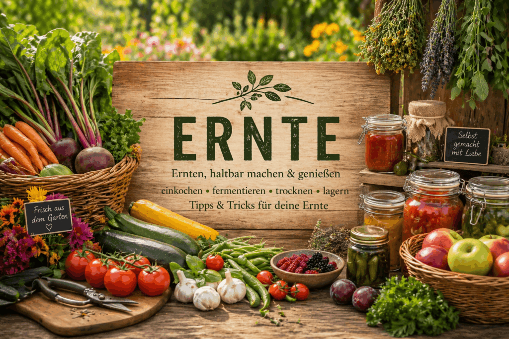 Ernte aus dem Garten mit frischem Gemüse, Obst und eingemachten Vorräten zum Haltbarmachen und Lagern