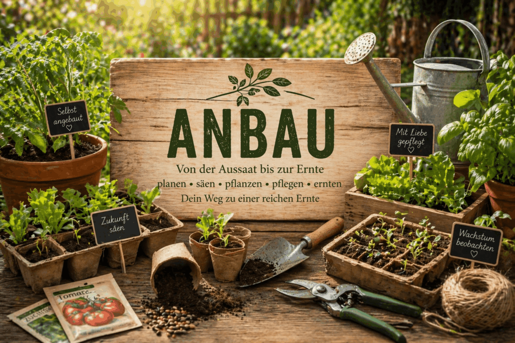 Anbau im Garten mit Jungpflanzen, Saatgut und Gartengeräten für Gemüse, Kräuter und Salat im Selbstversorger Garten