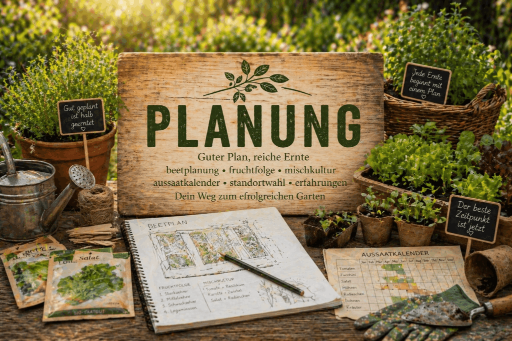 Gartenplanung für Selbstversorgung mit Skizzen, Beetplanung und Organisation für Gemüse, Obst und Kräuter im Garten