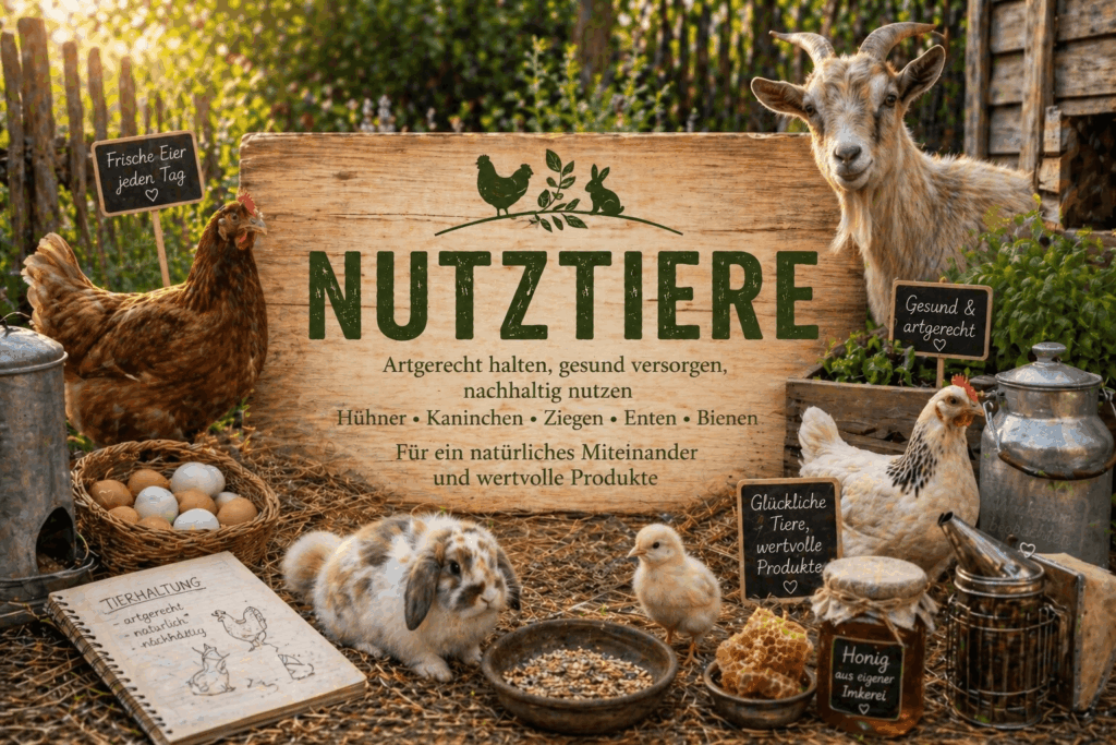 Nutztiere im Garten mit Hühnern, Ziege und Kaninchen für artgerechte Tierhaltung und Selbstversorgung