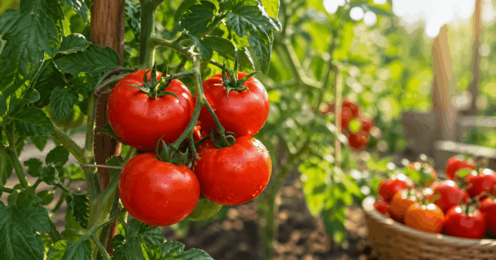 Reife rote Tomaten am Strauch im Garten mit Sonnenlicht und grünen Blättern im Selbstversorger Garten