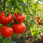 Reife rote Tomaten am Strauch im Garten mit Sonnenlicht und grünen Blättern im Selbstversorger Garten