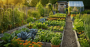 Selbstversorger Garten mit strukturierten Beeten und vielfältigem Gemüseanbau