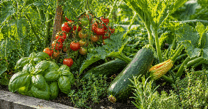 Tomaten, Zucchini und Kräuter im Selbstversorger Garten mit hohem Ertrag