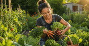 Person erntet frisches Gemüse im Selbstversorger Garten mit zufriedenem Ausdruck