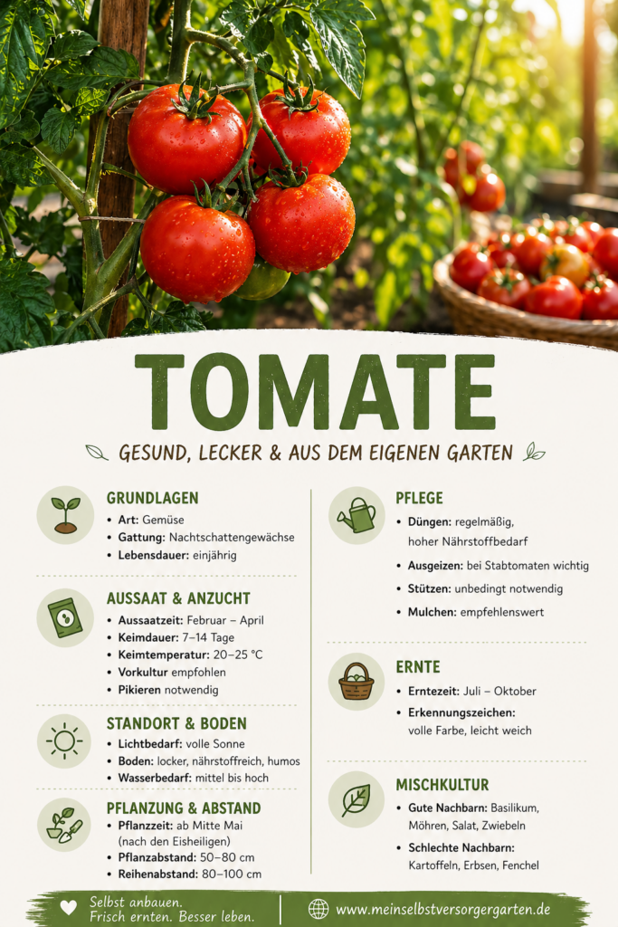 Tomaten pflanzen im Garten mit reifen roten Früchten und Infografik zu Aussaat, Pflege und Ernte