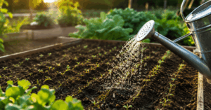 Frisch eingesätes Gemüsebeet im August mit Gießkanne beim Bewässern junger Pflanzen im Selbstversorger Garten
