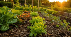 Gemulchtes Gemüsebeet im warmen Abendlicht im Selbstversorger Garten