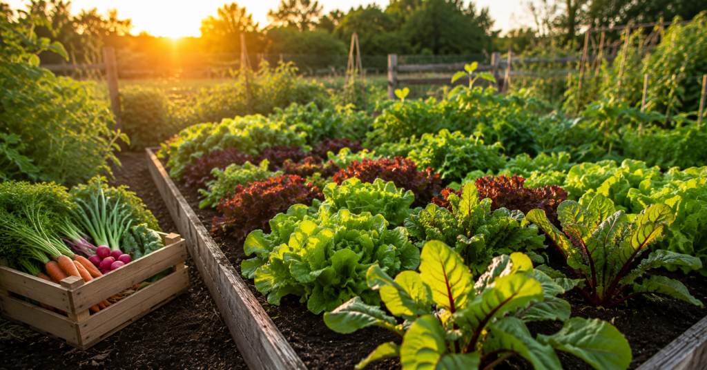 Selbstversorger Garten mit Herbstgemüse und frischer August Aussaat im Abendlicht