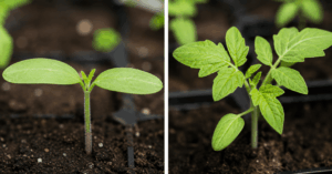 Vergleich zwischen Keimblättern und echten Blättern bei jungen Tomatenpflanzen während der Jungpflanzenanzucht