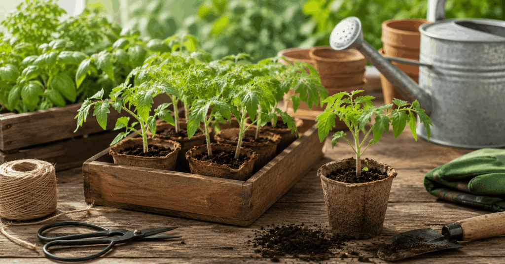 Kräftige Tomaten-Jungpflanzen nach dem Pikieren auf einem Gartentisch mit Anzuchtzubehör und Pflanztöpfen