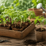 Kräftige Tomaten-Jungpflanzen nach dem Pikieren auf einem Gartentisch mit Anzuchtzubehör und Pflanztöpfen