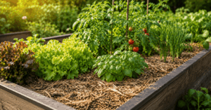 Hochbeet mit Mulchschicht zur natürlichen Feuchtigkeitsspeicherung im Gemüsegarten