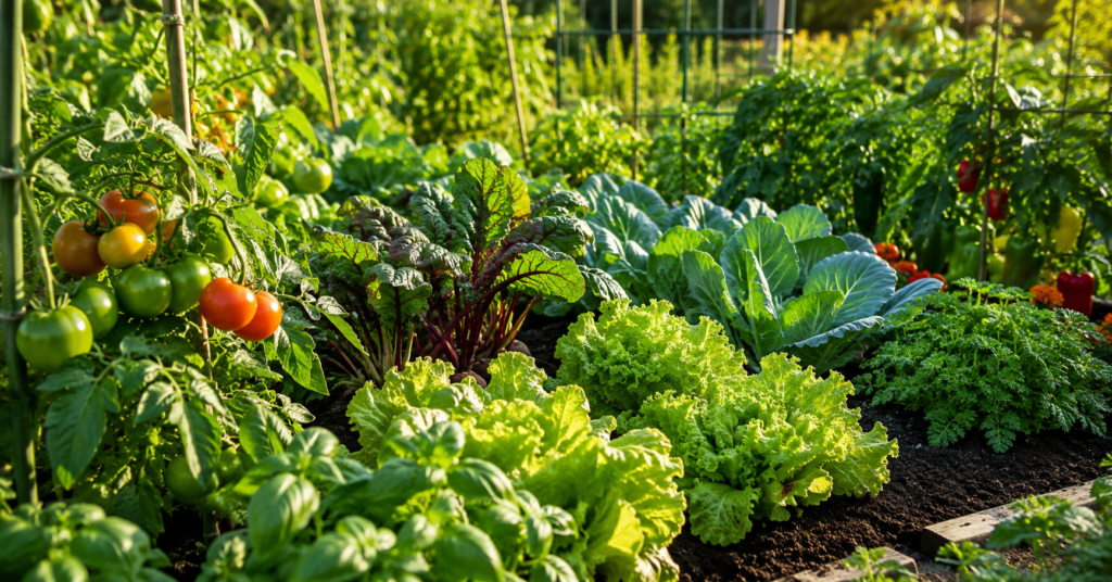 Gesunder Gemüsegarten mit kräftigen Salaten, Tomaten und grünem Gemüse in nährstoffreicher Erde bei sonnigem Wetter