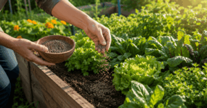Hände beim Düngen eines Hochbeets mit natürlichem Bio-Dünger zwischen gesundem Gemüse und frischen Salatpflanzen