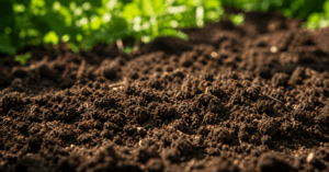 Nahaufnahme von lockerer, dunkler und nährstoffreicher Gartenerde für gesunde Pflanzen im Gemüsebeet