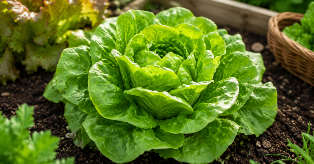Frischer grüner Kopfsalat im Gemüsegarten kurz vor der Ernte im sonnigen Hochbeet