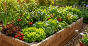 Üppig bepflanztes Hochbeet mit frischem Gemüse wie Salat, Tomaten, Kohl und Kräutern im sonnigen Selbstversorger Garten