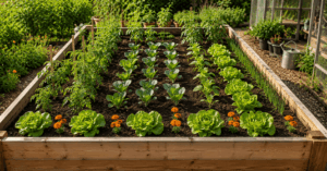 Hochbeet mit idealem Pflanzabstand für gesundes Gemüsewachstum im Selbstversorger Garten