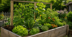 Hochbeet mit Rankhilfe für Tomaten, Gurken und Bohnen im sonnigen Gemüsegarten