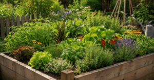 Natürlich bepflanztes Hochbeet mit Kräutern, Blumen und Gemüse im sonnigen Selbstversorger Garten