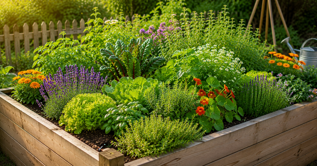 Großes Hochbeet mit Gemüse, Kräutern und Blumen im naturnahen Selbstversorger Garten bei sonnigem Wetter