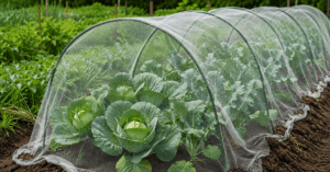 Gesundes Kohlbeet mit Schutznetz gegen Schädlinge im Gemüsegarten