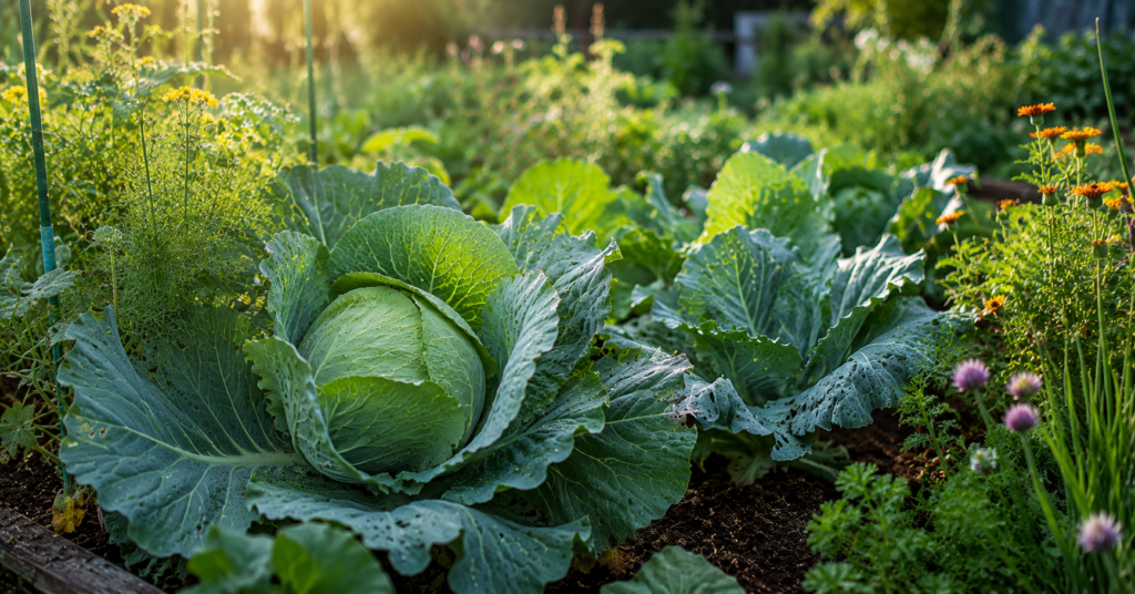 Gemüsegarten mit typischen Schädlingen wie Schnecken und Raupen auf Salat und Kohl im Beet