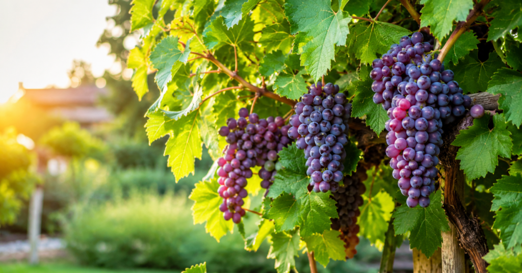Weintrauben im Garten an einer sonnigen Pergola im Selbstversorger Garten angebaut
