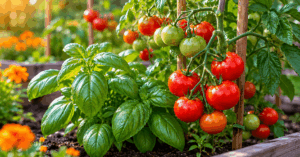 Tomatenpflanzen mit frischem Basilikum im Gemüsebeet einer Mischkultur im Garten bei sonnigem Wetter